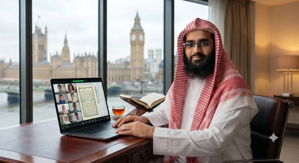 Qualified online Quran tutor from Al-Masjid An-Nabawi teaching students in London UK via live 1-on-1 sessions.