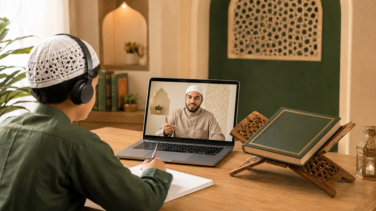 Beginner attending a live one-to-one online Quran class with a qualified teacher