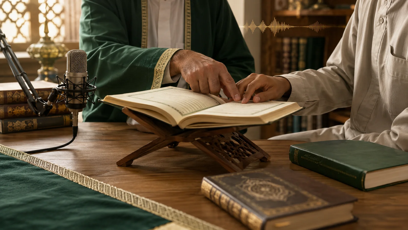 A Quran teacher guiding a student in Tajweed and correct Quran recitation