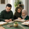 Muslim family of children and adults memorizing and reviewing the Quran together at home