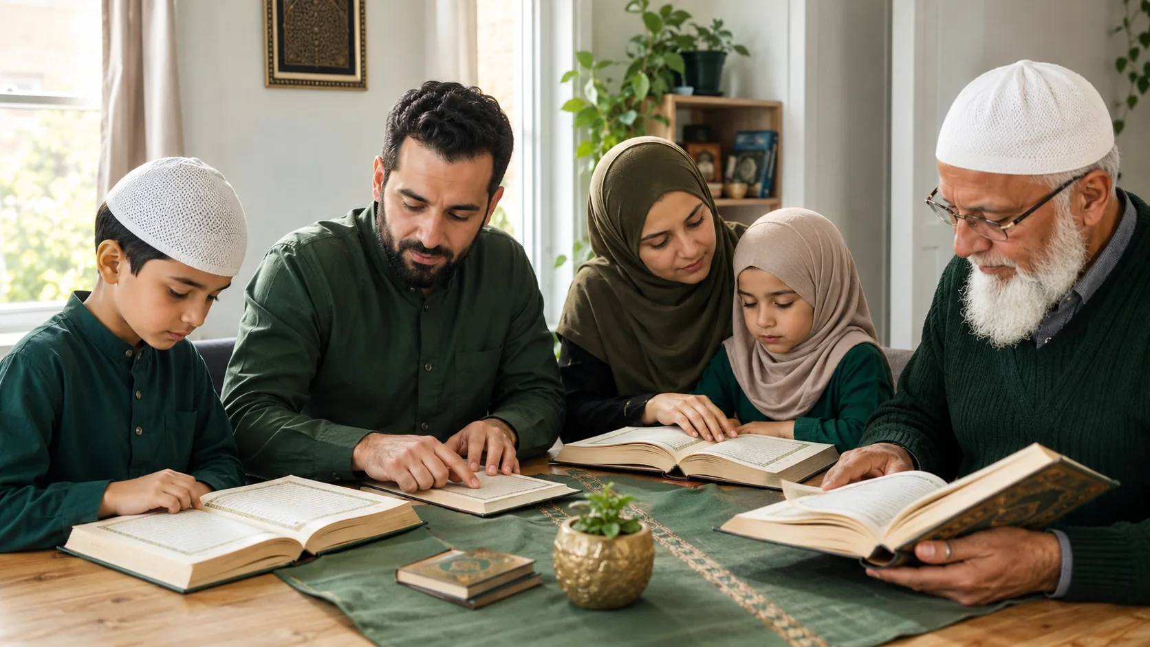 Muslim family of children and adults memorizing and reviewing the Quran together at home