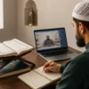 Muslim student learning how to memorize Quran step by step with an online teacher