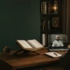 Adult learner studying Quran memorization online with a live teacher, personal Mushaf and revision notebook