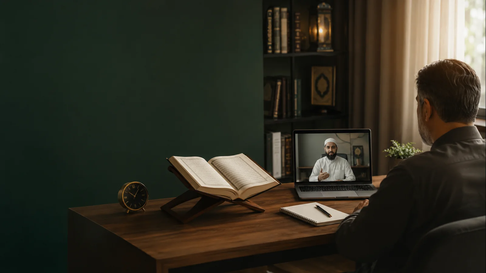 Adult learner studying Quran memorization online with a live teacher, personal Mushaf and revision notebook