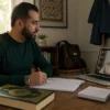 Busy Muslim adult memorizing the Quran online with a teacher and personal Mushaf