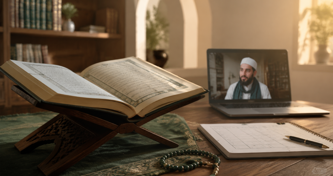 Open Mushaf with an online Quran teacher demonstrating scholar-guided Quran memorization techniques